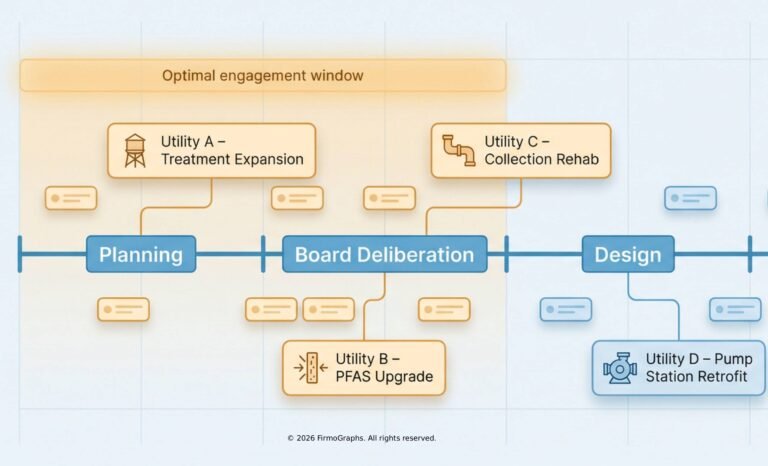 Timeline showing wastewater project phases and the optimal engagement window revealed by bottom-up data.
